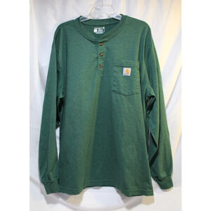 Carhartt Men's L Green Henley Loose Fit Long Sleeve Shirt Pocket LOGO